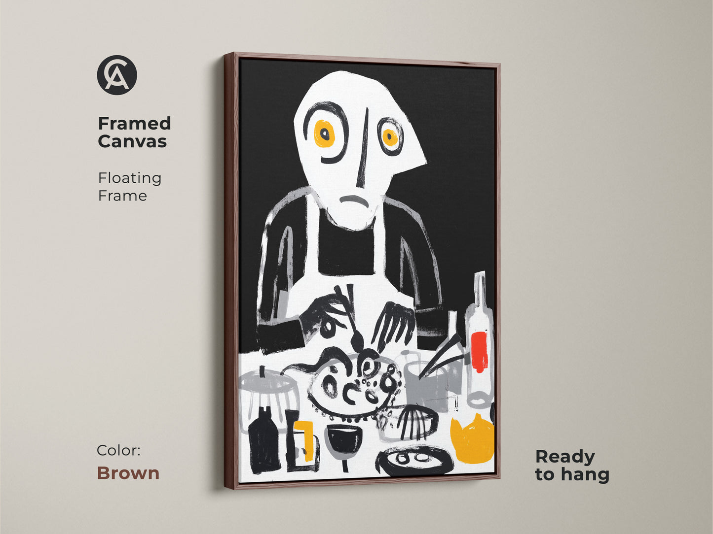 This framed canvas features an abstract chef wall art. The floating frame comes in brown. A unique dining room decor piece showcases a surreal cooking scene. Eclectic kitchen art uses bold brushstrokes in black white and yellow. The art is ready to hang.