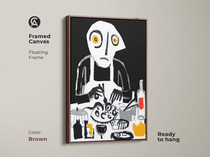 This framed canvas features an abstract chef wall art. The floating frame comes in brown. A unique dining room decor piece showcases a surreal cooking scene. Eclectic kitchen art uses bold brushstrokes in black white and yellow. The art is ready to hang.