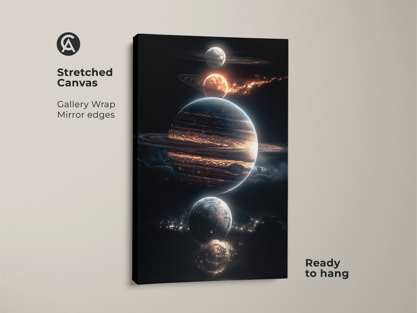 Stretched canvas print of planets. The art has a galaxy theme. The canvas is ready to hang. The canvas edges have a mirror wrap. Buy this celestial canvas art for your home.