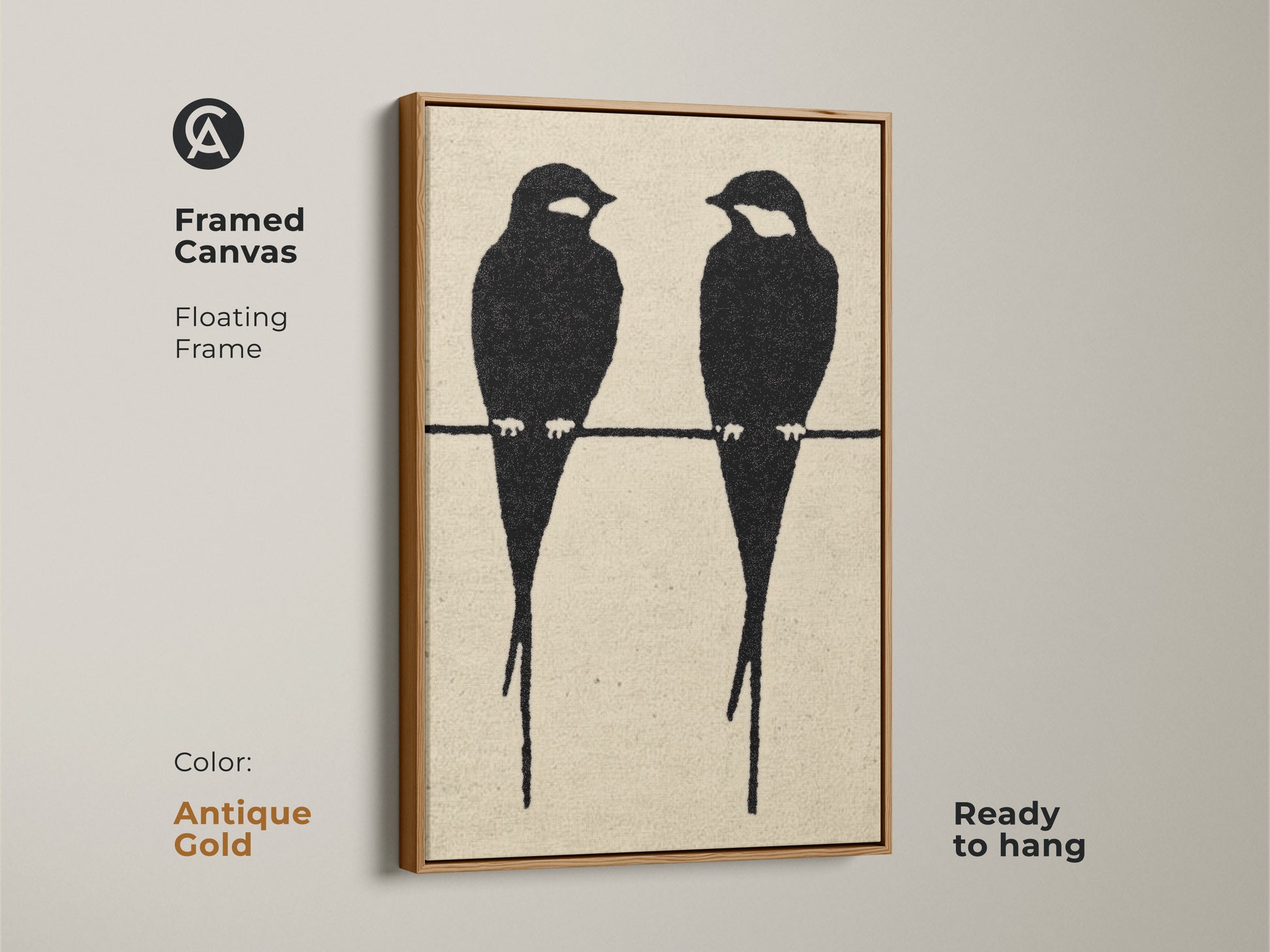 Framed canvas displaying minimalist bird artwork with an antique gold frame. Two black bird silhouettes perch on a wire in this modern abstract piece. The black cream art print complements any room. Ready to hang this is a gift for bird lovers. A perfect Scandinavian living room art.