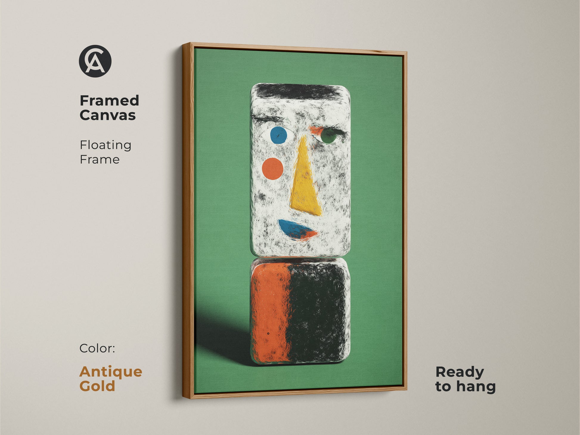 Framed canvas featuring green abstract face art in an antique gold floating frame. This contemporary geometric wall decor offers a modern aesthetic. A unique piece perfect for art collectors. Ready to hang.