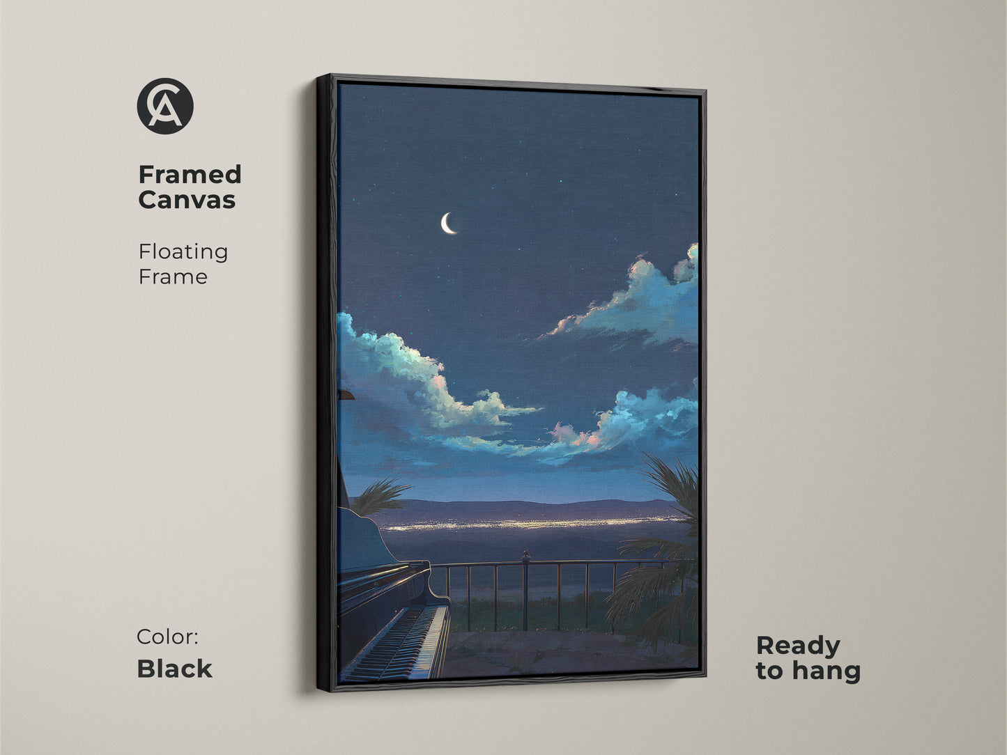 Framed canvas art showcasing a grand piano and night sky. This eclectic music room decor features a floating black frame. The atmospheric night art is ready to hang.