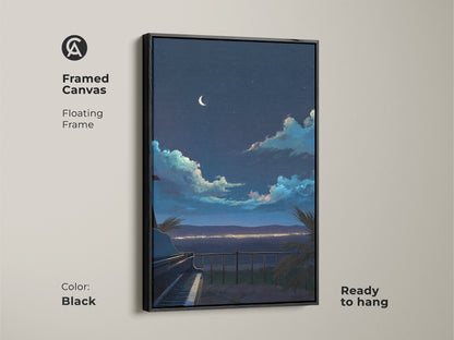 Framed canvas art showcasing a grand piano and night sky. This eclectic music room decor features a floating black frame. The atmospheric night art is ready to hang.