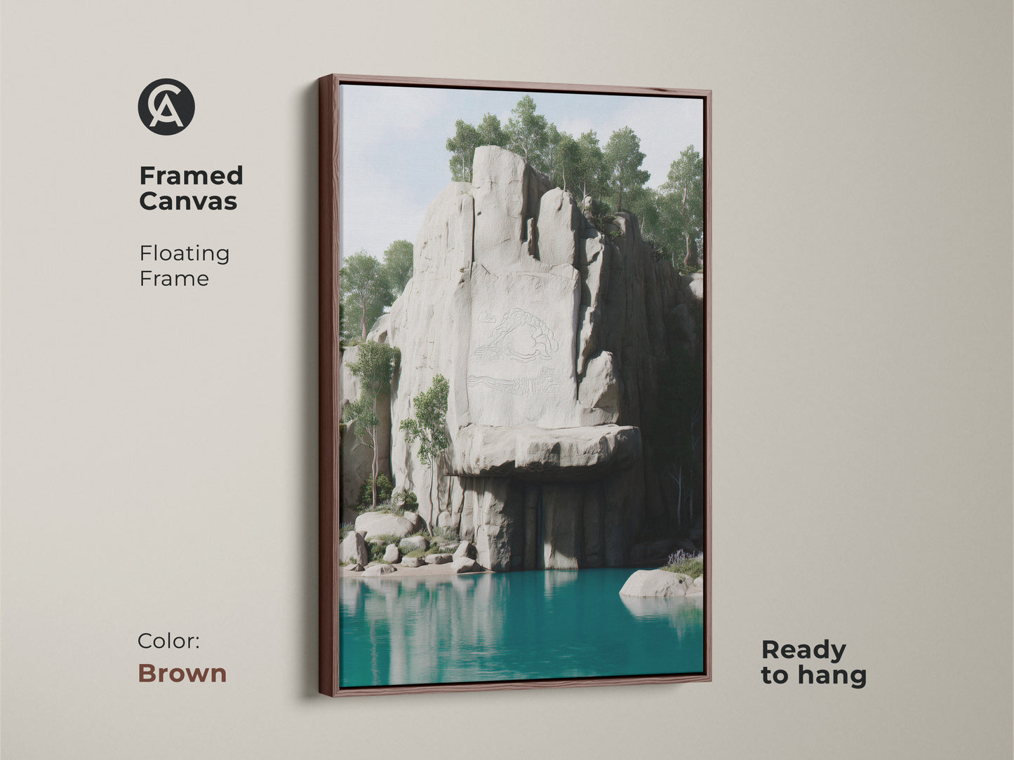 Framed scenic nature wall art in a brown floating frame. This modern teal water print captures a serene lake and rocky cliff. Perfect housewarming gift for landscape art lovers.