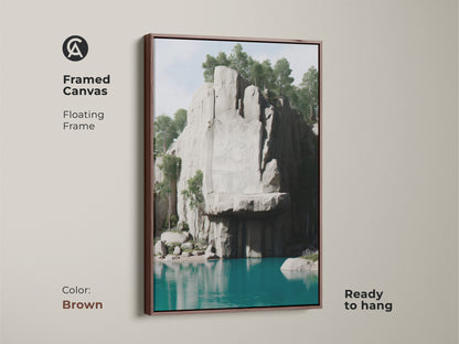 Framed scenic nature wall art in a brown floating frame. This modern teal water print captures a serene lake and rocky cliff. Perfect housewarming gift for landscape art lovers.