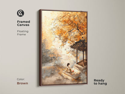 Framed canvas with a brown frame features a calming autumn artwork. It shows a girl eating watermelon near a pagoda. This ready-to-hang piece brings warmth and artistic charm to your home.