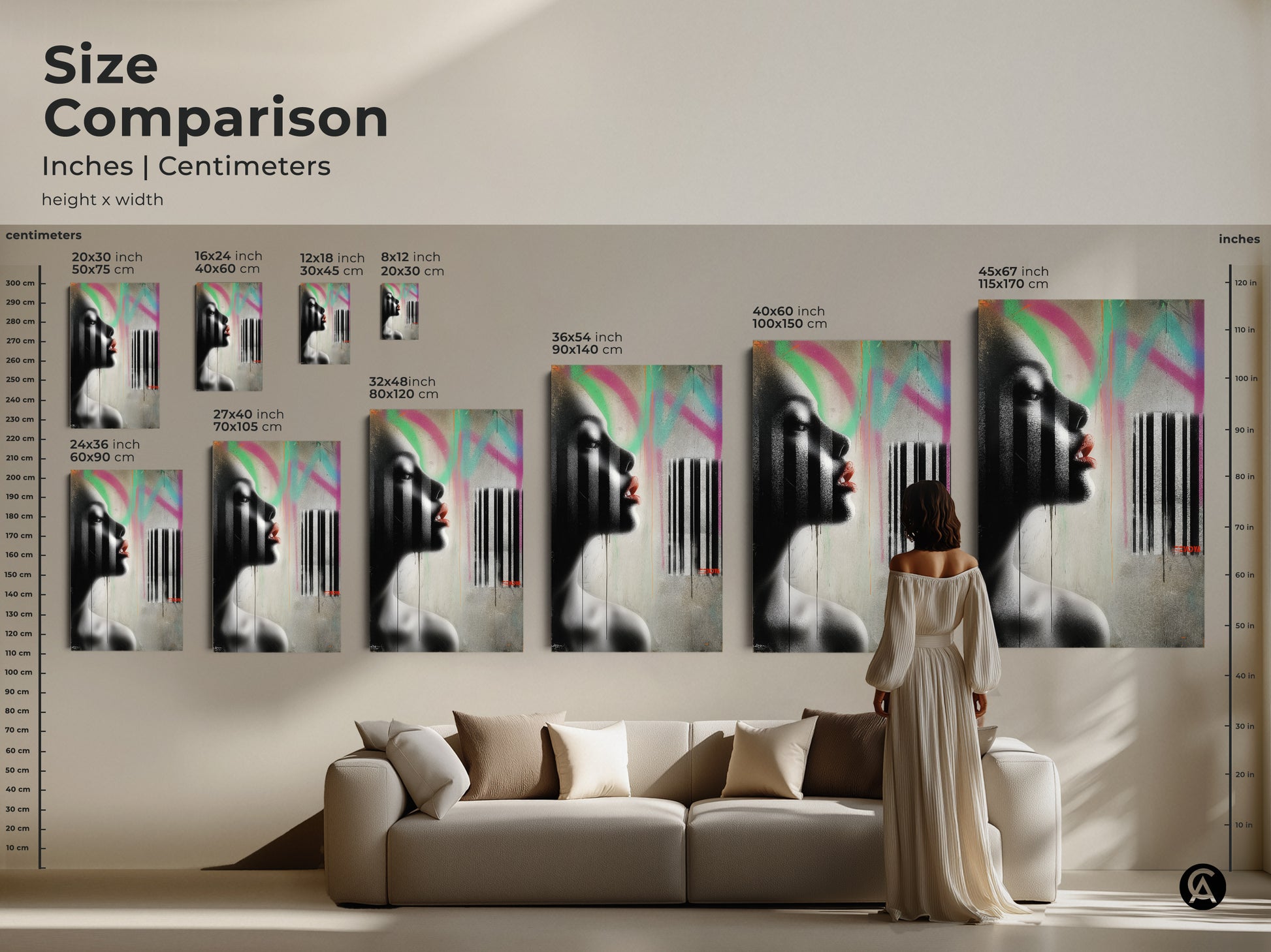 Size comparison showcasing contemporary woman portrait art prints in various sizes. This urban graffiti style canvas features black white and pink abstract elements. See how each size fits above a sofa providing edgy modern flair to your living room decor.