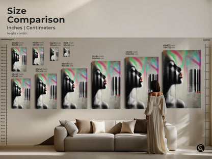 Size comparison showcasing contemporary woman portrait art prints in various sizes. This urban graffiti style canvas features black white and pink abstract elements. See how each size fits above a sofa providing edgy modern flair to your living room decor.