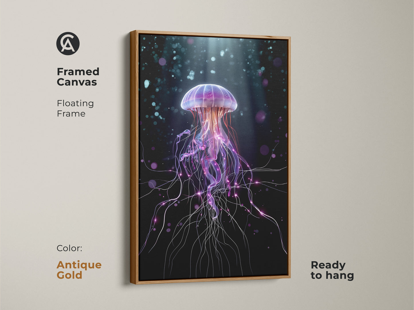 Framed canvas presents a surreal jellyfish art. An antique gold floating frame highlights this purple and teal ocean life artwork. This contemporary digital art adds abstract fantasy to your bedroom. Ready to hang for wall decor.