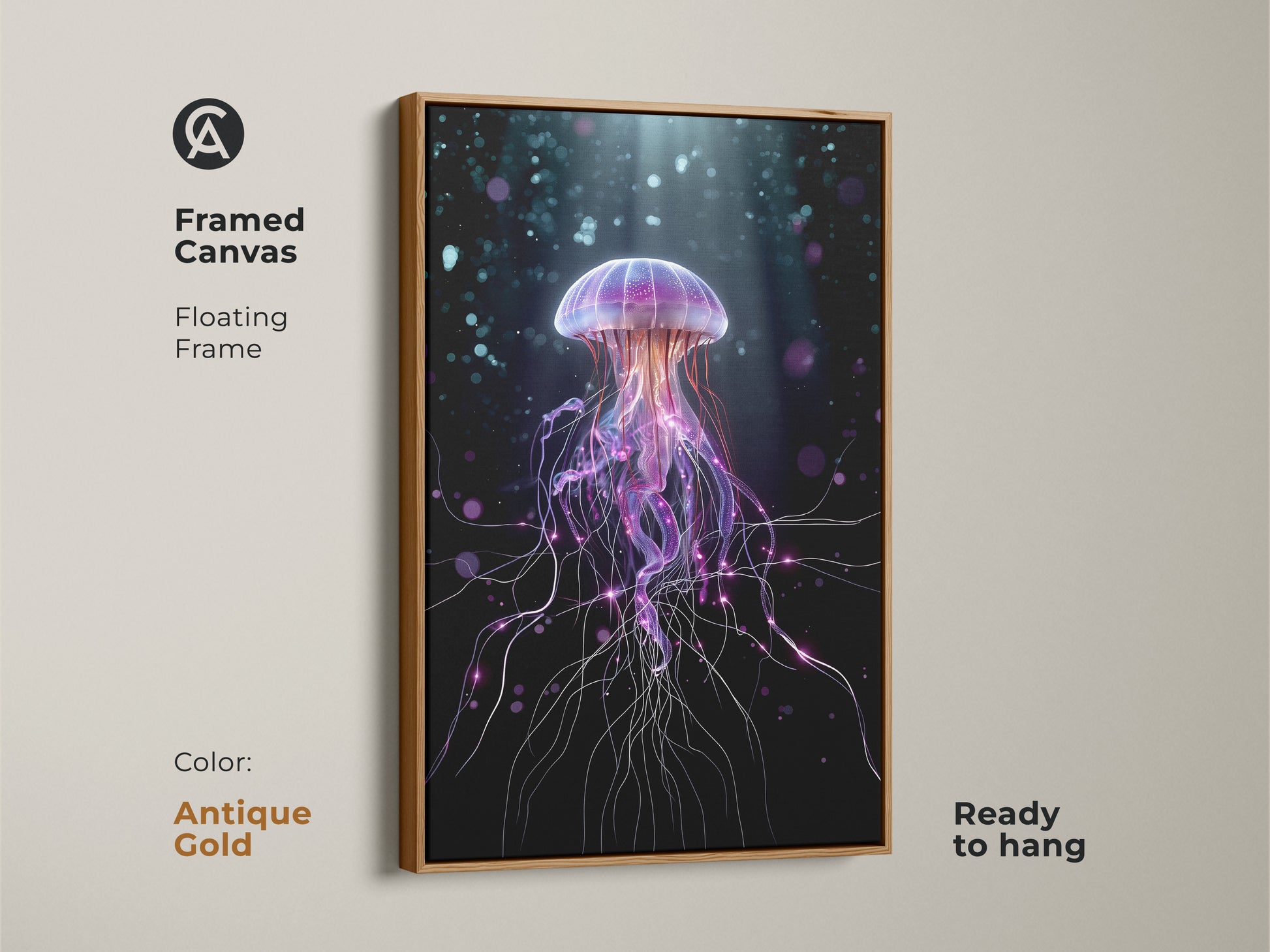 Framed canvas presents a surreal jellyfish art. An antique gold floating frame highlights this purple and teal ocean life artwork. This contemporary digital art adds abstract fantasy to your bedroom. Ready to hang for wall decor.