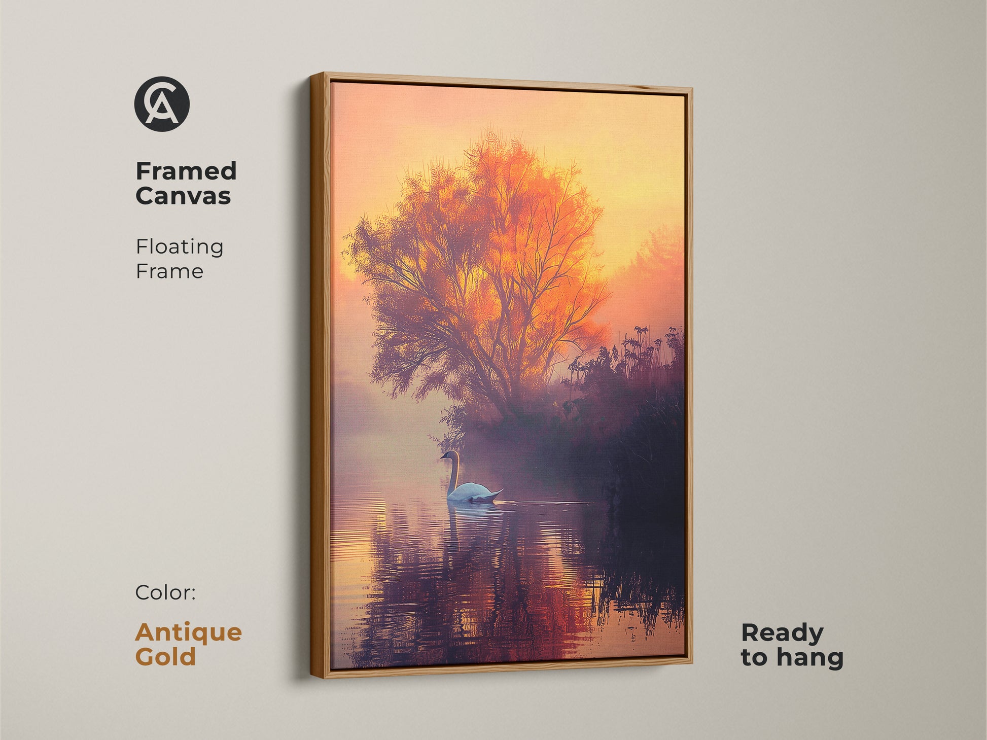 This framed canvas artwork features a tranquil lake scene in an antique gold floating frame. The swan glides across the water in the fine art print. The warm sunset colors create a serene mood. A tree silhouette adds depth. This swan art print is perfect for adding peace to any room.