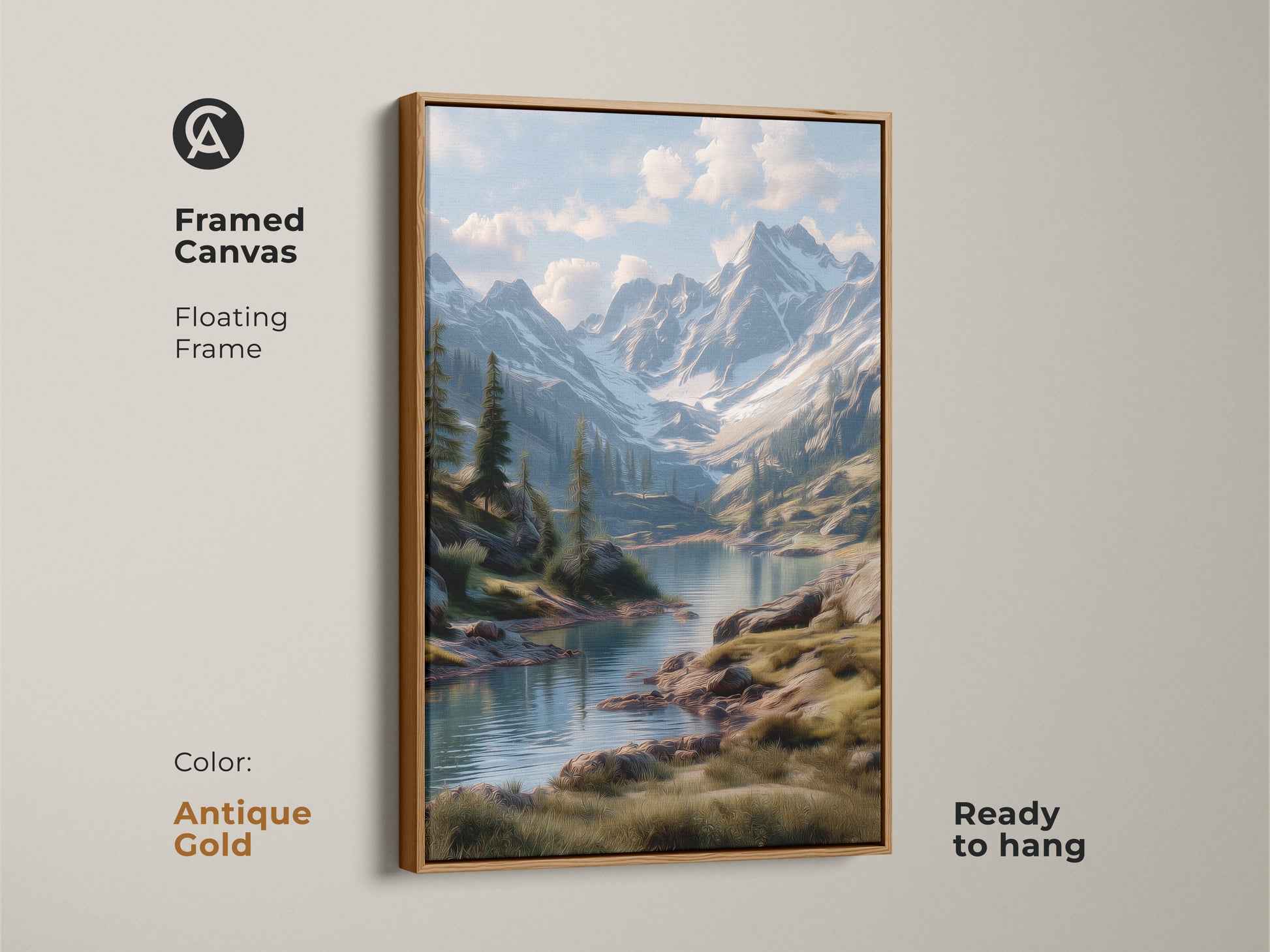 Framed canvas featuring a picturesque mountain lake artwork. The floating frame enhances the landscape painting. An antique gold frame adds a touch of elegance. Ready to hang this artwork elevates your home decor. Perfect wall art for a sophisticated look.