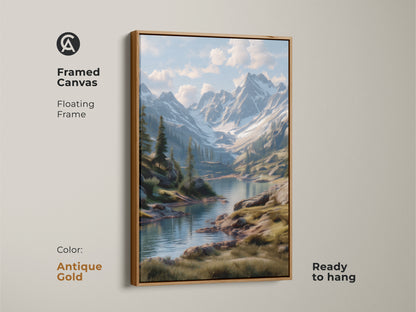 Framed canvas featuring a picturesque mountain lake artwork. The floating frame enhances the landscape painting. An antique gold frame adds a touch of elegance. Ready to hang this artwork elevates your home decor. Perfect wall art for a sophisticated look.