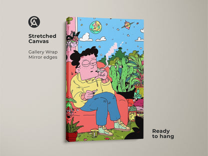 Stretched canvas art showing a figure relaxing indoors. The gallery-wrapped artwork has mirror edges. It depicts a person seated among lush plants casually smoking. This art is ready to hang and adds a unique touch to your home decor.