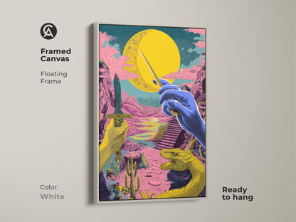 Enhance your decor with this framed canvas art. A white floating frame adds sophistication to this surreal fantasy wall art. The yellow pink and blue canvas features a dragon and dagger. Ready to hang this eclectic home decor print will transform your living room or study.
