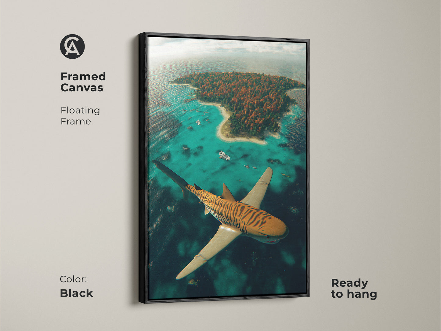This framed canvas features a surreal aerial view of a tiger shark over a tropical island. The black floating frame enhances the eclectic artwork. It is ready to hang. This fantasy ocean landscape is a unique home decor piece and a great gift for shark enthusiasts.