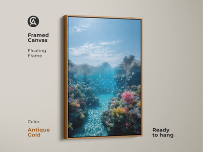 Framed canvas displays underwater coral reef with an antique gold floating frame. This vivid tropical fish artwork brings aquatic nature to your wall. Ready to hang and admire.