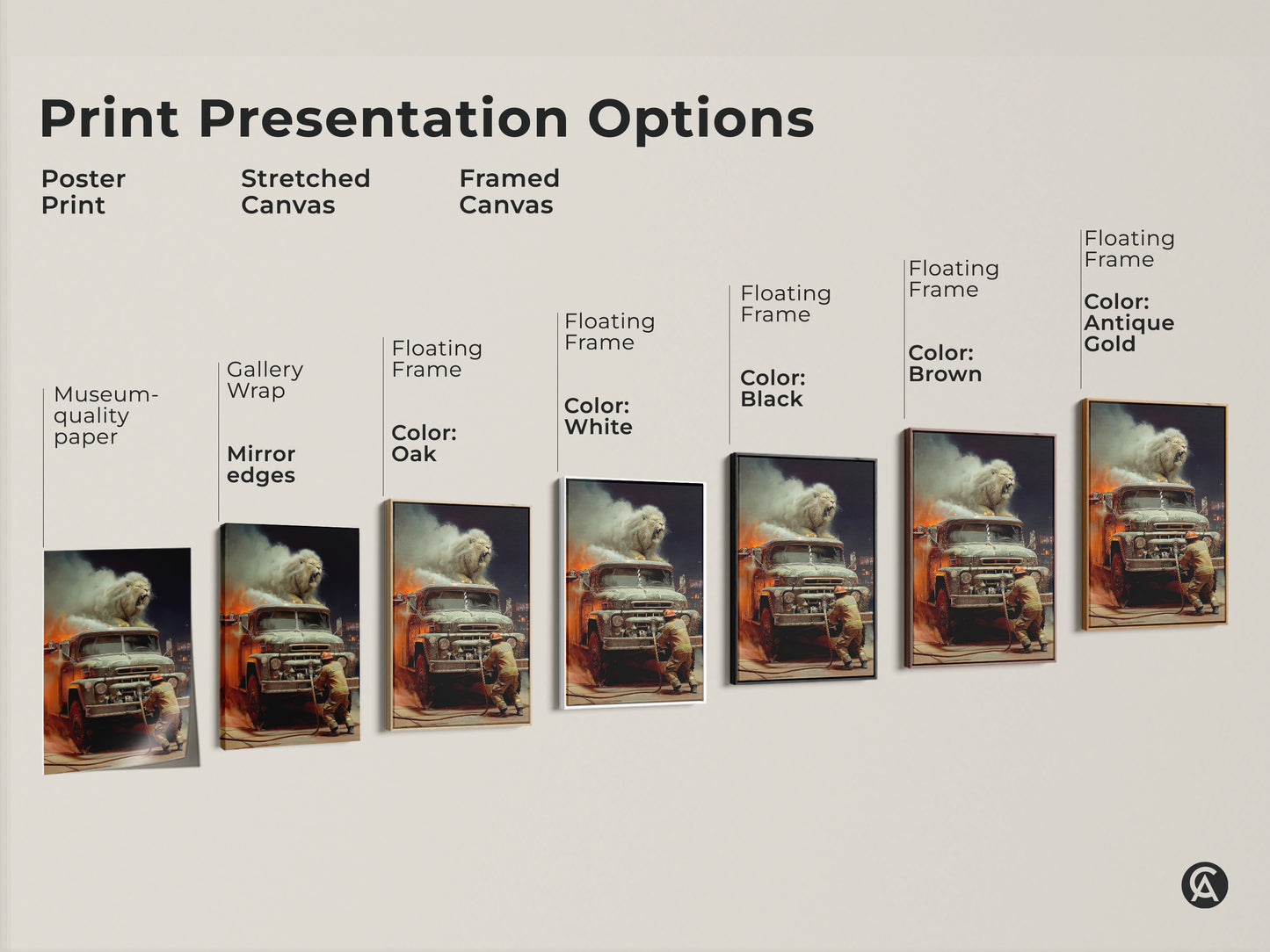 Explore print presentation options with this surreal lion and firefighter artwork. Choose from poster print stretched canvas or framed canvas. With gallery wrap and mirror edges. Various floating frame colors like black brown oak and white. Ideal man cave art.