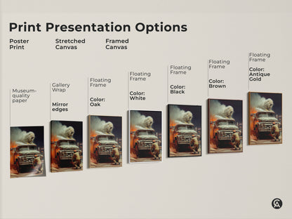 Explore print presentation options with this surreal lion and firefighter artwork. Choose from poster print stretched canvas or framed canvas. With gallery wrap and mirror edges. Various floating frame colors like black brown oak and white. Ideal man cave art.