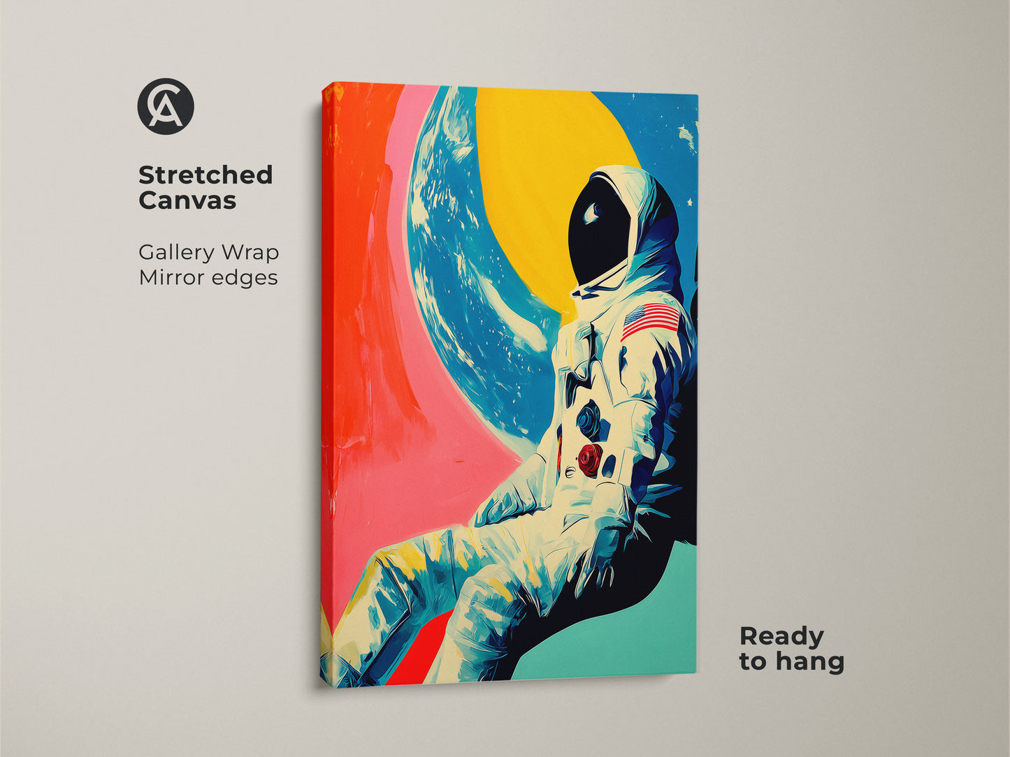 Stretched Canvas of Retro Futurism Astronaut Art. The gallery wrap features an astronaut in space with mirror edges ready to hang. This space explorer canvas has bold colors and a contemporary style making it a unique wall art piece.