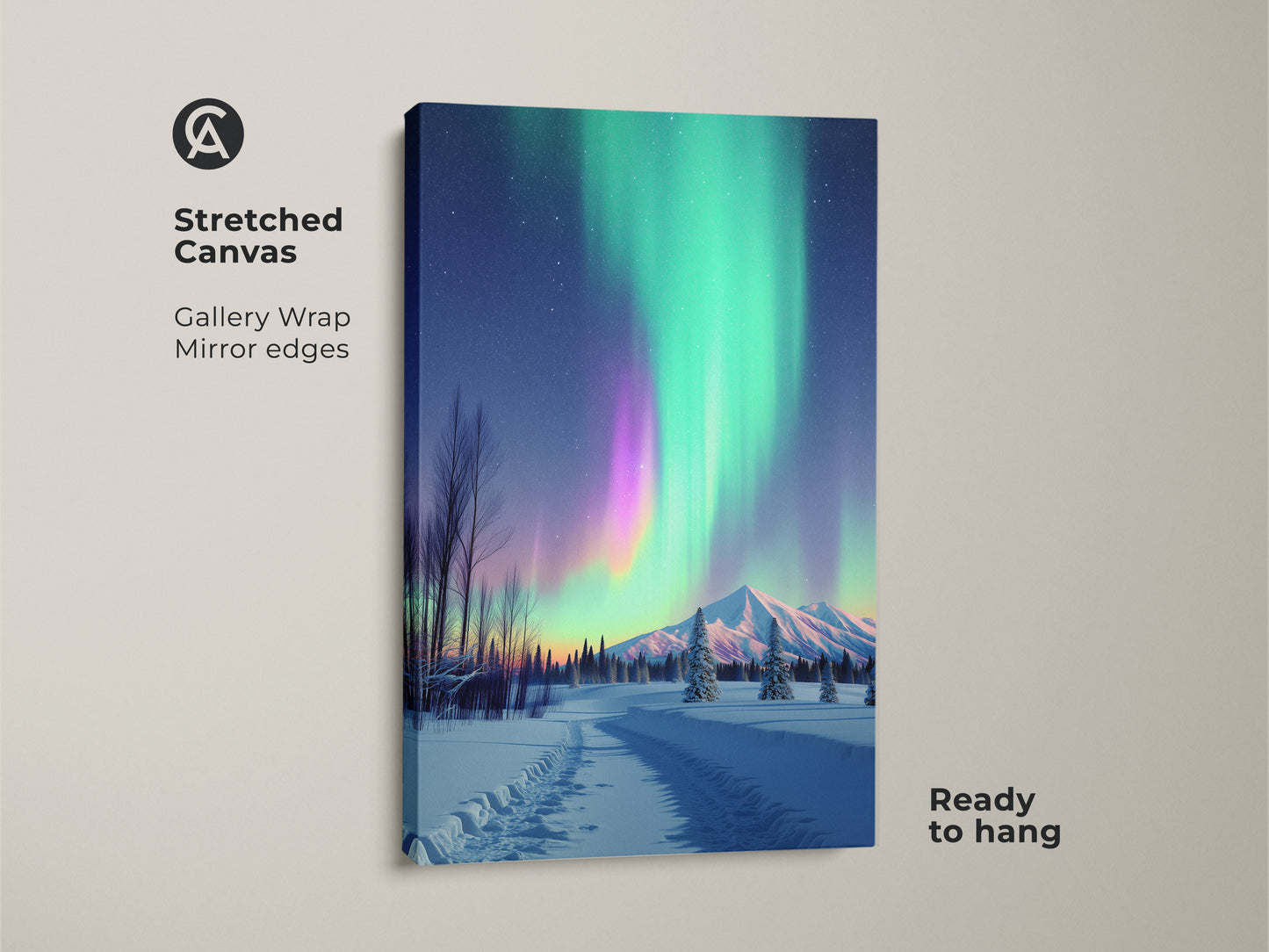 Stretched canvas print of the Northern Lights ready to hang. Gallery wrap with mirror edges showcases Aurora Borealis over a snowy landscape. Green and purple hues paint the sky in this winter scene. A perfect nature lover gift. Add celestial beauty to your walls.