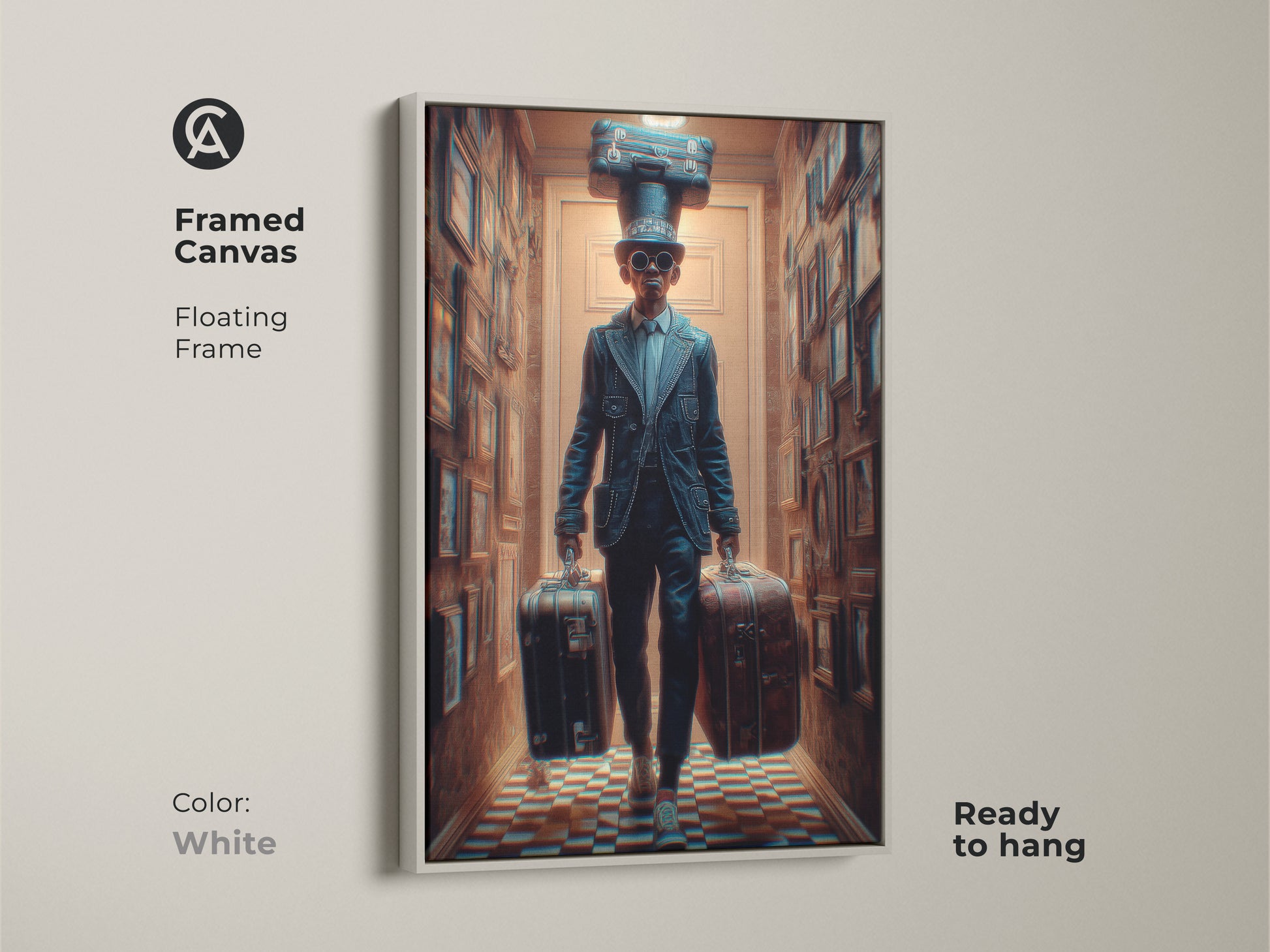 White Framed Canvas Print of a Surreal Steampunk Man with suitcases. Ready to hang this unique travel artwork has a floating frame. This blue and brown office decor is perfect. The eclectic suitcase art adds vintage charm.