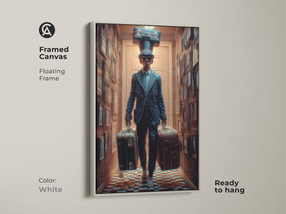 White Framed Canvas Print of a Surreal Steampunk Man with suitcases. Ready to hang this unique travel artwork has a floating frame. This blue and brown office decor is perfect. The eclectic suitcase art adds vintage charm.