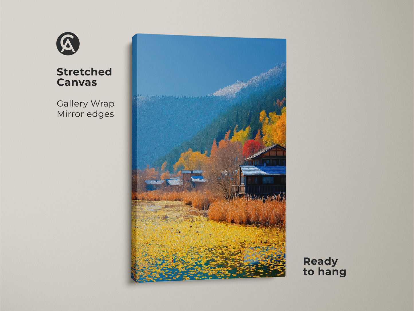 Rustic cabin landscape canvas on stretched canvas. Autumn lake scene wall art in a gallery wrap. Impressionistic nature print ready to hang with mirror edges.