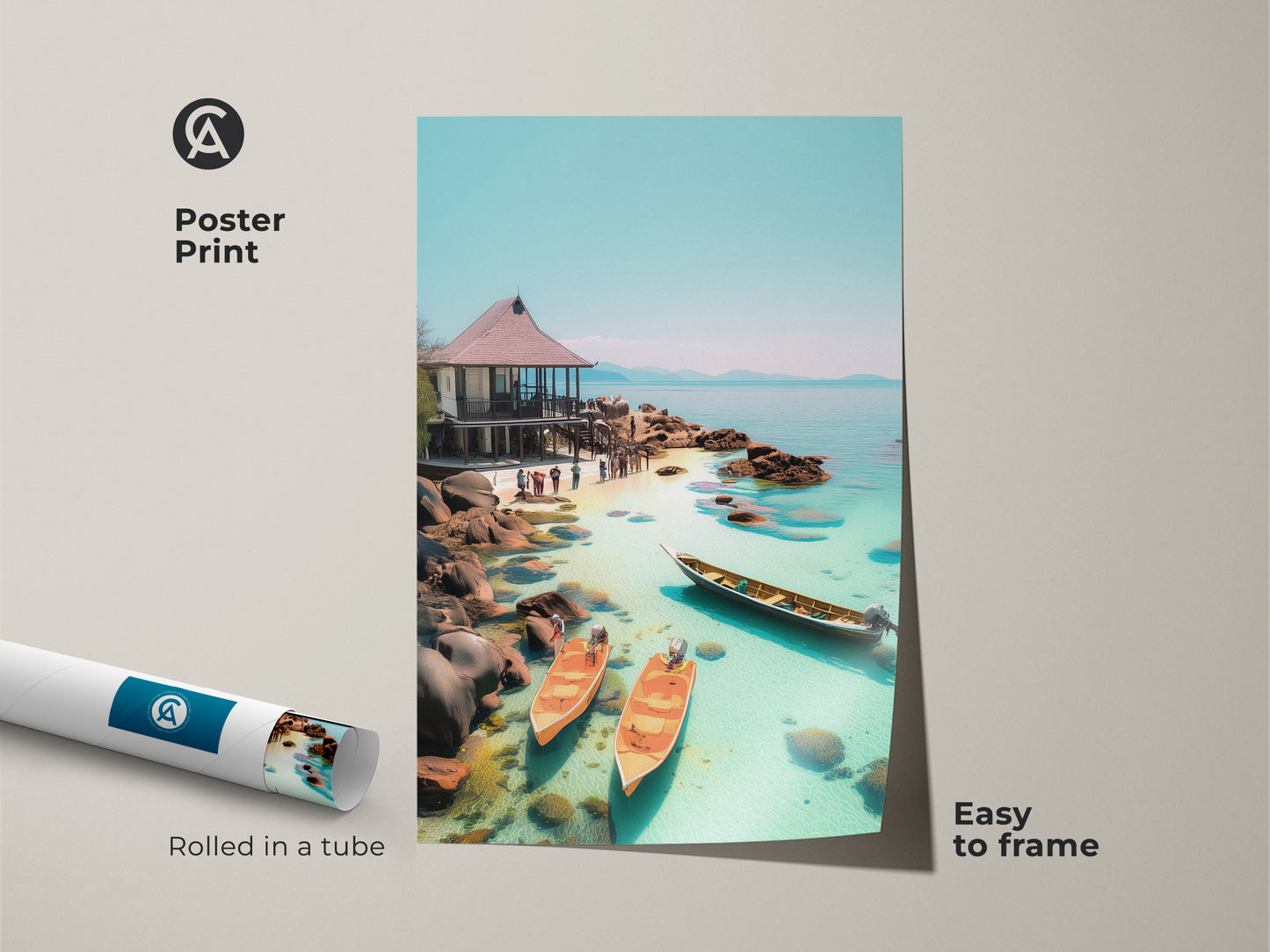 Poster print showcasing a tropical beach scene. This coastal ocean artwork features an aqua blue landscape with a seaside hut and boats. Easy to frame this print brings a touch of coastal serenity to your space. Perfect for travel lovers and beach house decor.