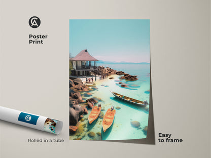 Poster print showcasing a tropical beach scene. This coastal ocean artwork features an aqua blue landscape with a seaside hut and boats. Easy to frame this print brings a touch of coastal serenity to your space. Perfect for travel lovers and beach house decor.