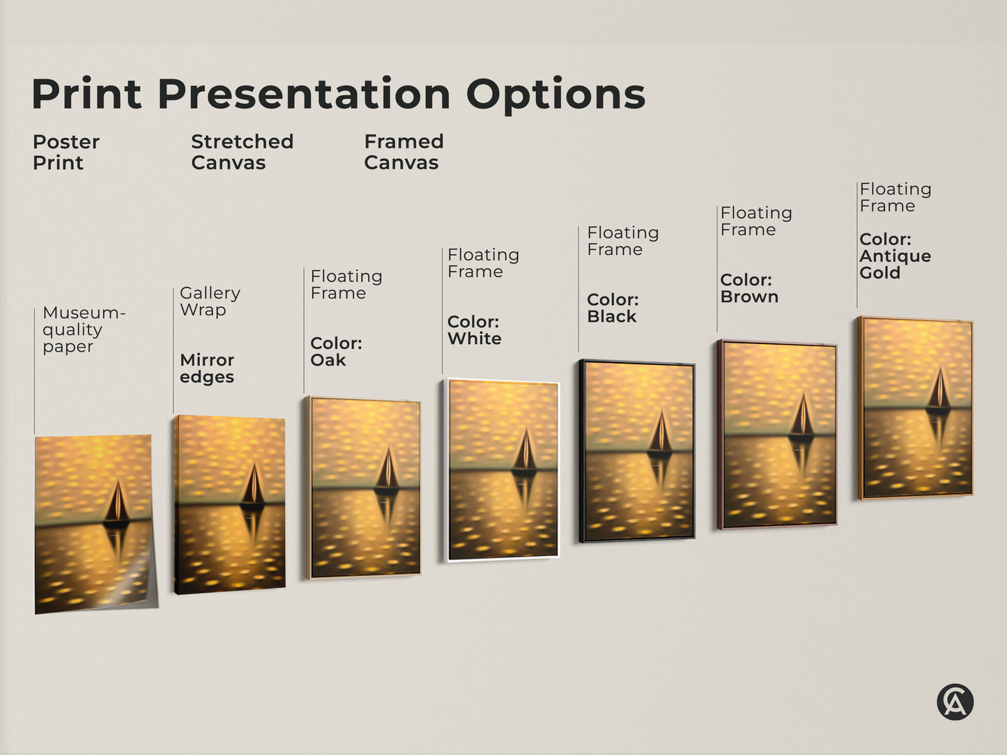 Print presentation options for sailboat artwork. Poster print stretched canvas and framed canvas options. Choose from various floating frame colors. Find the perfect coastal artwork for your home.
