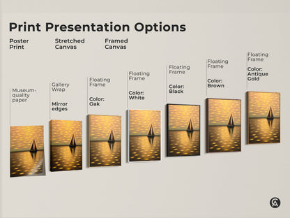 Print presentation options for sailboat artwork. Poster print stretched canvas and framed canvas options. Choose from various floating frame colors. Find the perfect coastal artwork for your home.