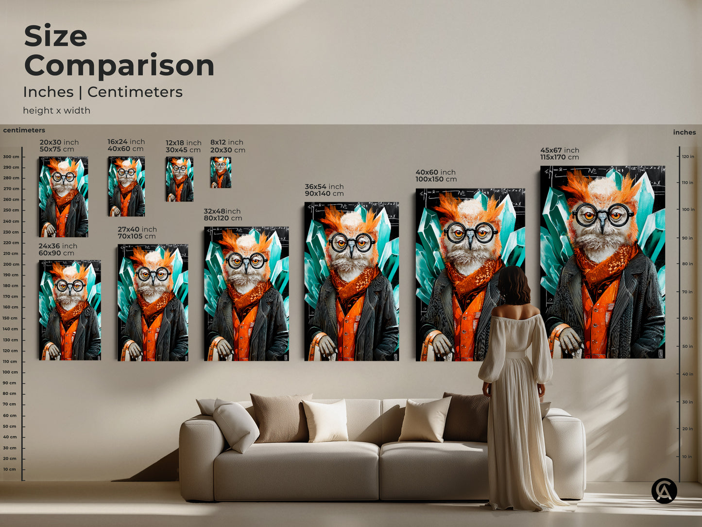 Size comparison of the professor owl artwork is available in inches and centimeters. The various sizes are ideal for different spaces. This surreal crystal painting is great for any office or study area. It adds a unique touch. The emerald orange and black colors bring life to the animal academic print.