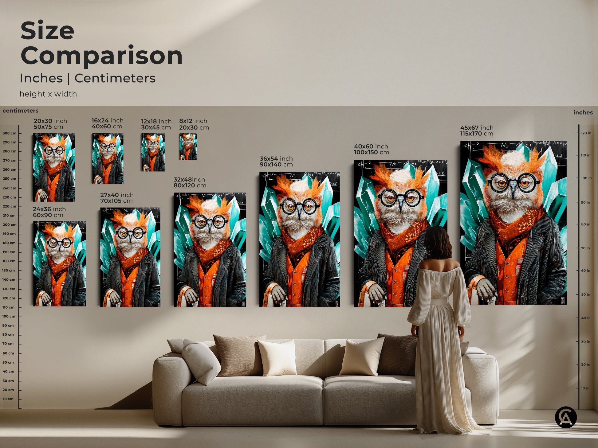 Size comparison of the professor owl artwork is available in inches and centimeters. The various sizes are ideal for different spaces. This surreal crystal painting is great for any office or study area. It adds a unique touch. The emerald orange and black colors bring life to the animal academic print.