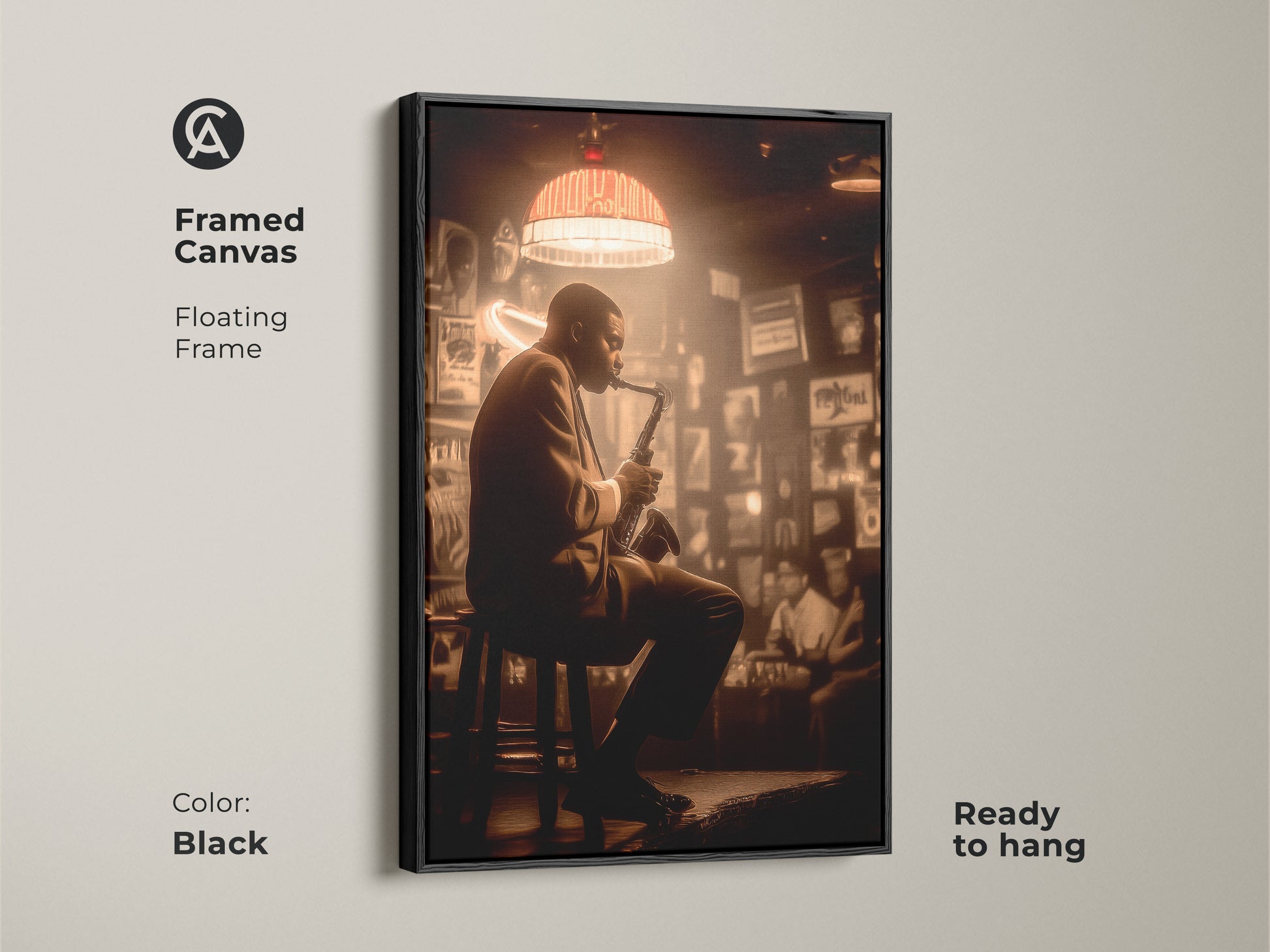 A framed canvas print features a jazz musician playing the saxophone. The floating frame is black. The artwork adds depth and sophistication. This ready-to-hang piece brings the soulful energy of jazz music into your home. A perfect addition for music lovers.