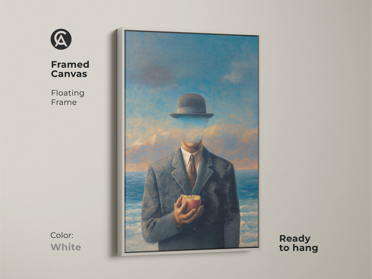 Framed canvas print featuring a surrealist man holding an apple. The white floating frame offers a modern touch to this artwork. Ready to hang philosophical gift for thinkers. Conceptual figurative wall art with cloudy sky ocean backdrop. Study room decor art.