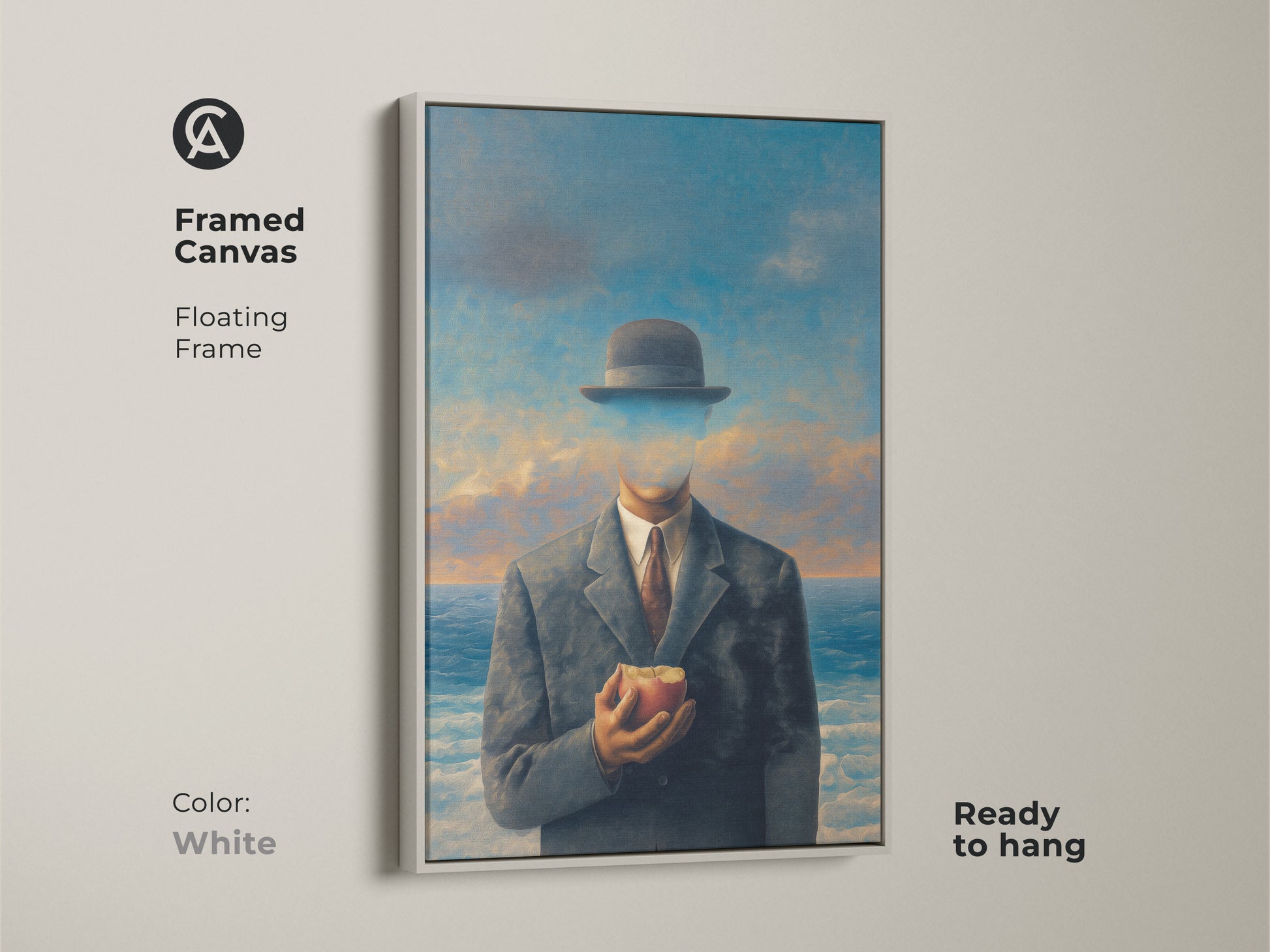 Framed canvas print featuring a surrealist man holding an apple. The white floating frame offers a modern touch to this artwork. Ready to hang philosophical gift for thinkers. Conceptual figurative wall art with cloudy sky ocean backdrop. Study room decor art.