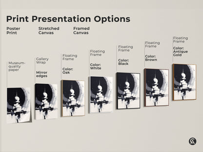 Print Presentation Options: A visual guide showcasing the various formats available. Poster prints stretched canvas art and framed canvas art. Floating frames come in black white oak brown & antique gold