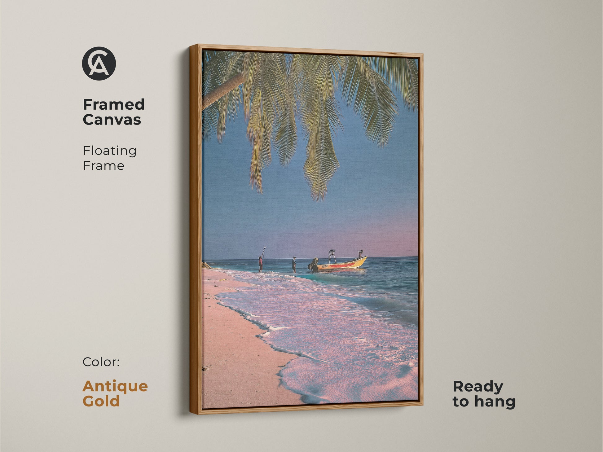 Framed canvas art with an antique gold floating frame displaying tropical beach artwork. This calm beach artwork features a palm tree and boat. It's a coastal escape wall decor piece. The oceanfront property art is ready to hang.