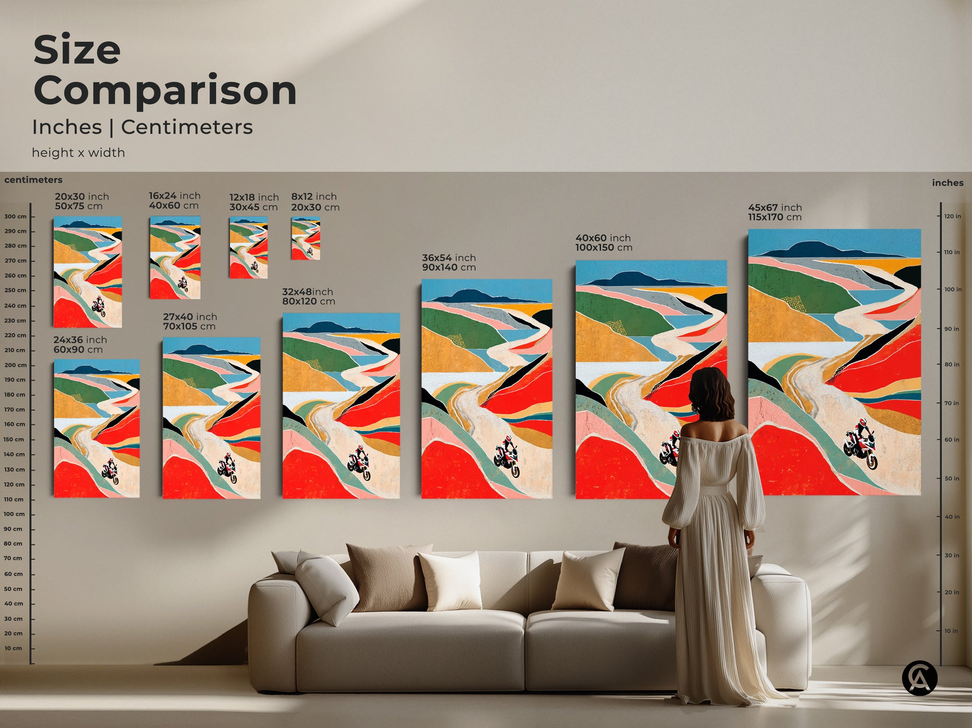 Compare sizes of the abstract motorcycle art print in inches and centimeters. Visualize how this colorful canvas art will enhance your living space. Perfect for adding a modern touch to any room. It is a vibrant blend of red teal and orange tones.