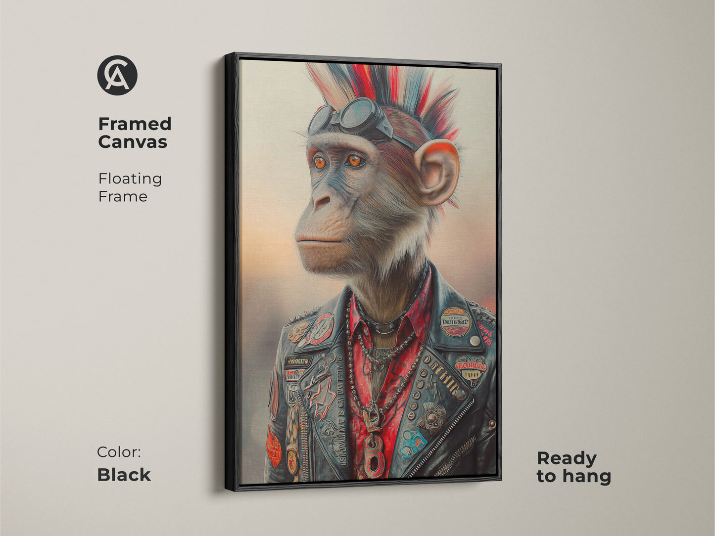 Framed canvas featuring a rock and roll chimpanzee. The punk animal wall art includes a floating black frame. A leather jacket monkey adds eclectic style. This music lover gift is ready to hang. Add alternative animal artwork to your home or office decor