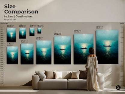 Size comparison of canvas prints featuring a man in a rowboat on a deep blue ocean. See how this minimalist nature artwork fits in various room settings. Perfect for adding ocean serenity to your coastal home decor. Find the right size for your space.