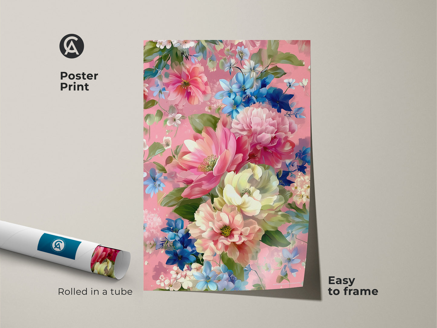 Botanical poster print featuring romantic pink peony and blue daisy artwork. Impressionistic style boho floral artwork is easy to frame. The vibrant pink background enhances this nature-inspired floral art. Rolled in a tube for safe shipping.