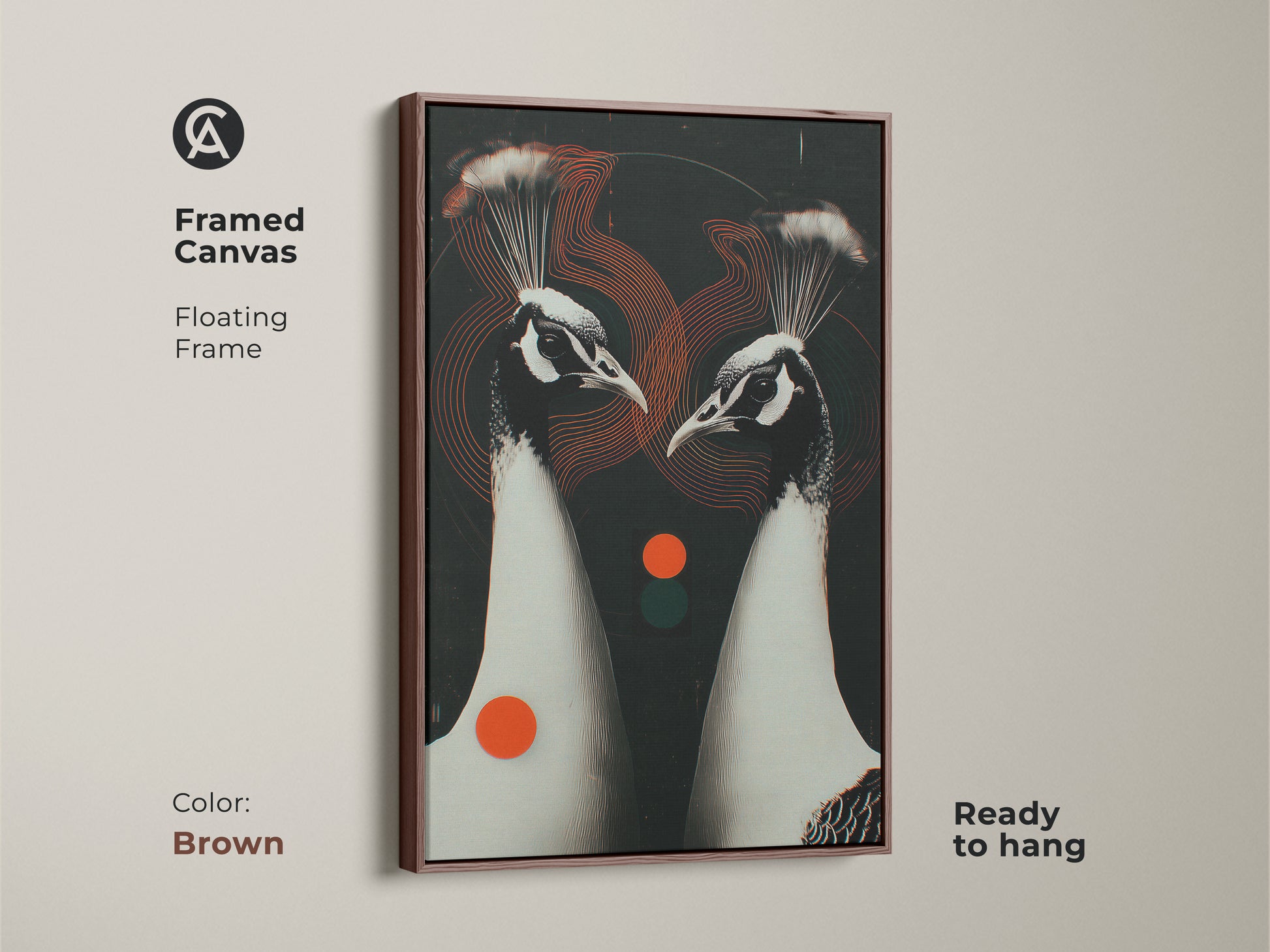 Brown framed canvas featuring a Geometric Peacock Couple. This floating frame artwork is ready to hang. The animal art decor has contemporary black white and red accents. Ideal for a modern living room.