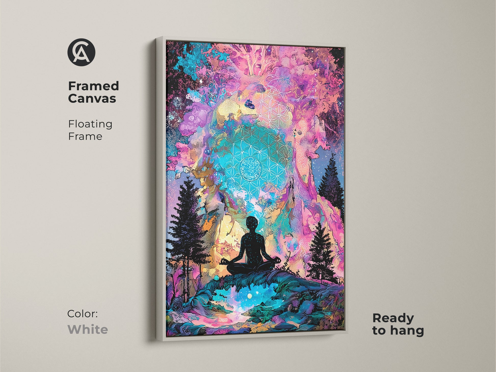 A framed canvas features spiritual artwork. A silhouette meditates in a colorful landscape. The floating frame is white. This canvas art is ready to hang. Add a touch of zen to your home decor today.