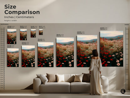 Size comparison of the Crimson Red Poppy Field artwork in inches and centimeters. Visualize how the impressionistic floral canvas fits above a sofa. Available in various sizes this botanical art piece is perfect for adding a touch of bohemian style to your living room decor.