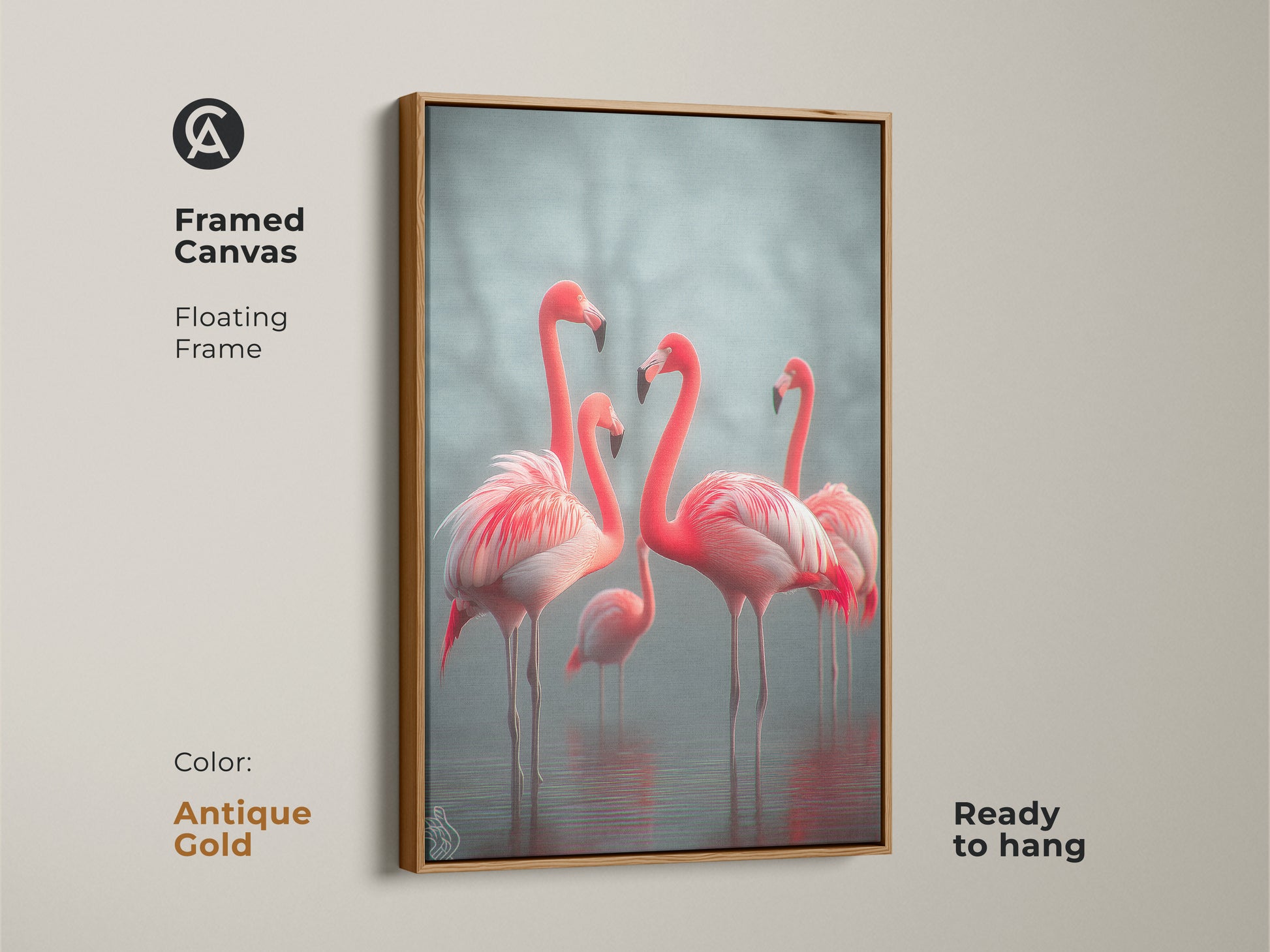 Framed canvas showcasing elegant flamingos ready to hang. The antique gold floating frame enhances the photorealistic wildlife art. This coastal coral pink and teal artwork brings a serene touch. Ideal for bird lovers this framed print elevates any bedroom decor. A sophisticated housewarming gift.
