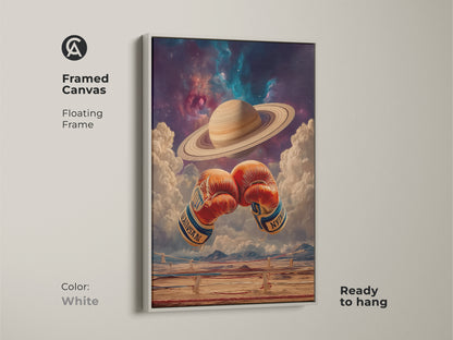 White framed canvas art print. Boxing gloves float in space. This Saturn space wall decor is ready to hang. Unique gift for boxing fan. Ideal for office or workout room. Elevate your decor with fantasy space art.