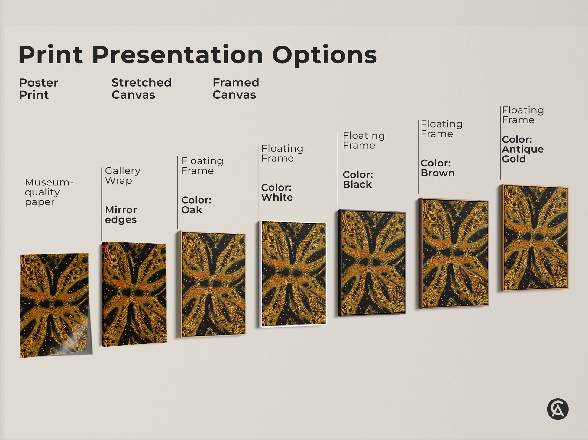 This image displays print presentation options. It shows the goldenrod and black abstract art in poster print stretched canvas and framed canvas. There are floating frame color options in black brown antique gold oak and white.