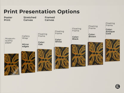 This image displays print presentation options. It shows the goldenrod and black abstract art in poster print stretched canvas and framed canvas. There are floating frame color options in black brown antique gold oak and white.